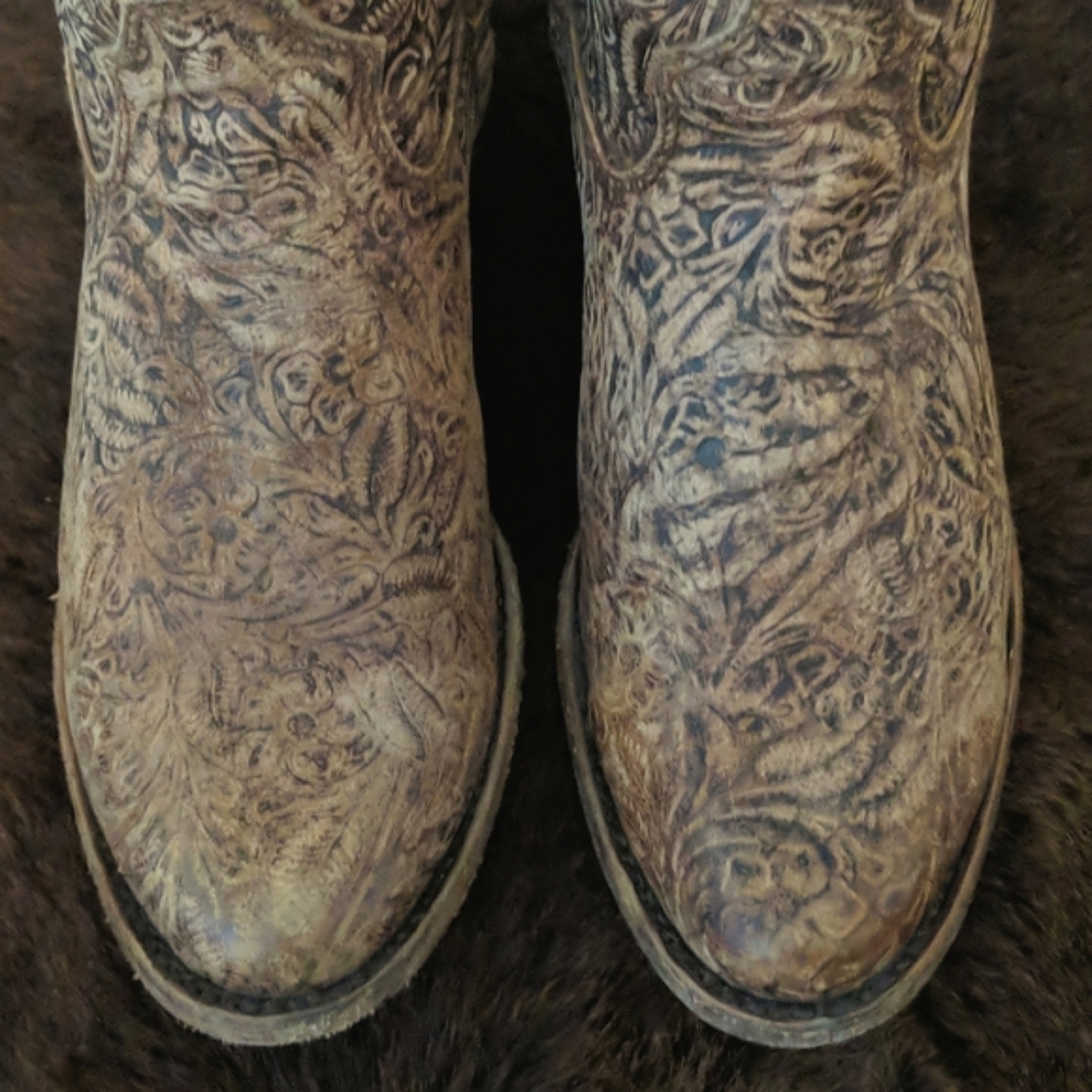 CORRAL C3056 handcrafted distressed tan embossed leather ankle boot/booties sz 9 - Picture 9 of 15